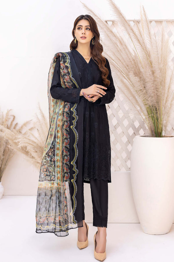 Obsidian - Schiffli Embroidered Linen 3PC Pret By Adans Libas